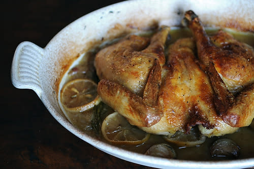 <div class="caption-credit"> Photo by: Sarah Shatz</div><div class="caption-title">Spatchcocked and Braise-Roasted Chicken</div><b><a href="http://www.food52.com/recipes/8192_spatchcocked_and_braiseroasted_chicken" rel="nofollow noopener" target="_blank" data-ylk="slk:Get the recipe on FOOD52;elm:context_link;itc:0;sec:content-canvas" class="link ">Get the recipe on FOOD52</a></b> <br> <br> Here's a roast chicken worthy of the Grantham table -- just be sure not to pull a Patmore and drop it. (Plus, we really like saying "spatchcock" in a British accent.)