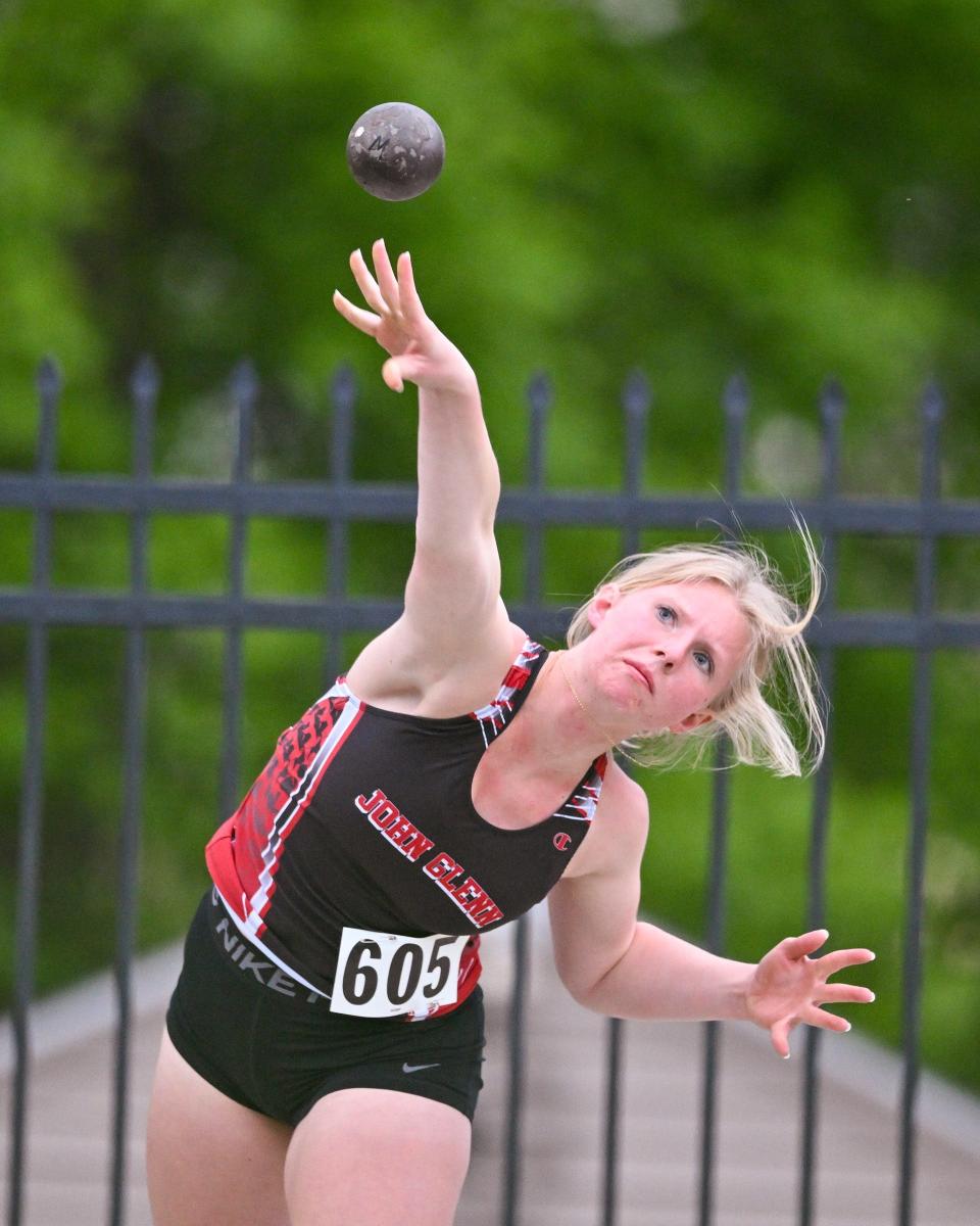 John Glenn’s Michaela Hurford throws in the shot put at the Mishawaka Girls IHSAA Sectional track meet Tuesday, May 17, 2022, at Mishawaka High School.