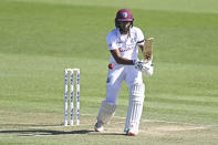 West Indies opener Kraigg Brathwaite bats during play on day two of the first cricket test between the West Indies and New Zealand in Hamilton, New Zealand, Friday, Dec. 4, 2020. (Andrew Cornaga/Photosport via AP)