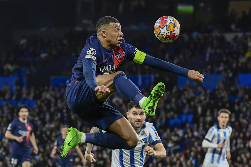 PSG's Kylian Mbappe kicks the ball during the Champions League round of 16 second leg soccer match between Real Sociedad and Paris Saint-Germain, at the Reala Arena stadium in San Sebastian, Spain, Tuesday, March 5, 2024. (AP Photo/Alvaro Barrientos)