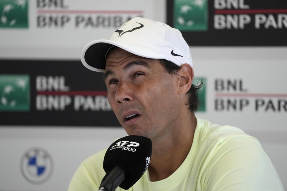 Rafael Nadal, of Spain, meets with journalists at the end of his match against Hubert Hurkacz, of Poland, at the Italian Open tennis tournament in Rome, Saturday, May 11, 2024.(AP Photo/Gregorio Borgia)