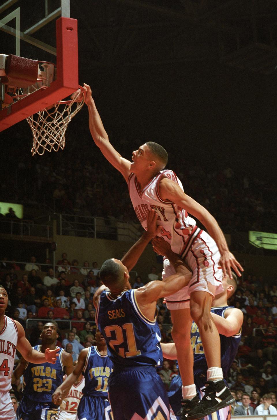 Anthony Parker dunks the ball during a Bradley men's basketball game at Carver Arena in Peoria.