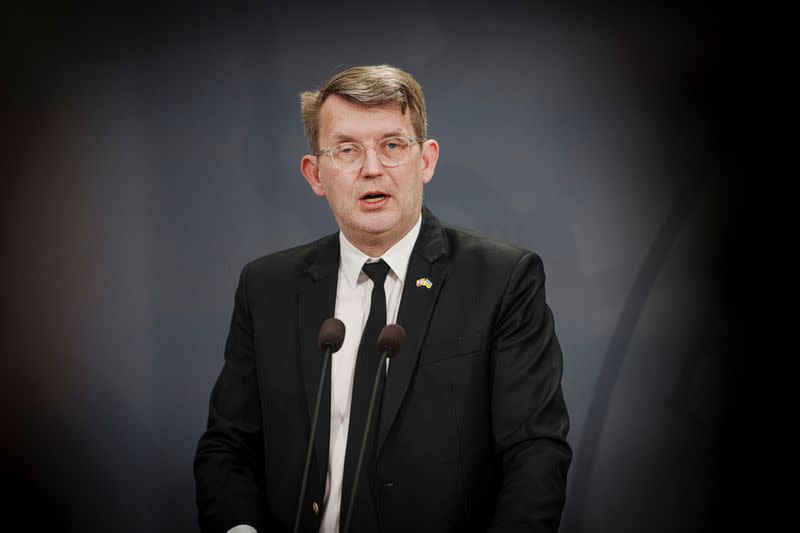 Deputy Prime Minister and Minister of Defense Troels Lund Poulsen speaks during a press conference on strengthening the Armed Forces in Copenhagen