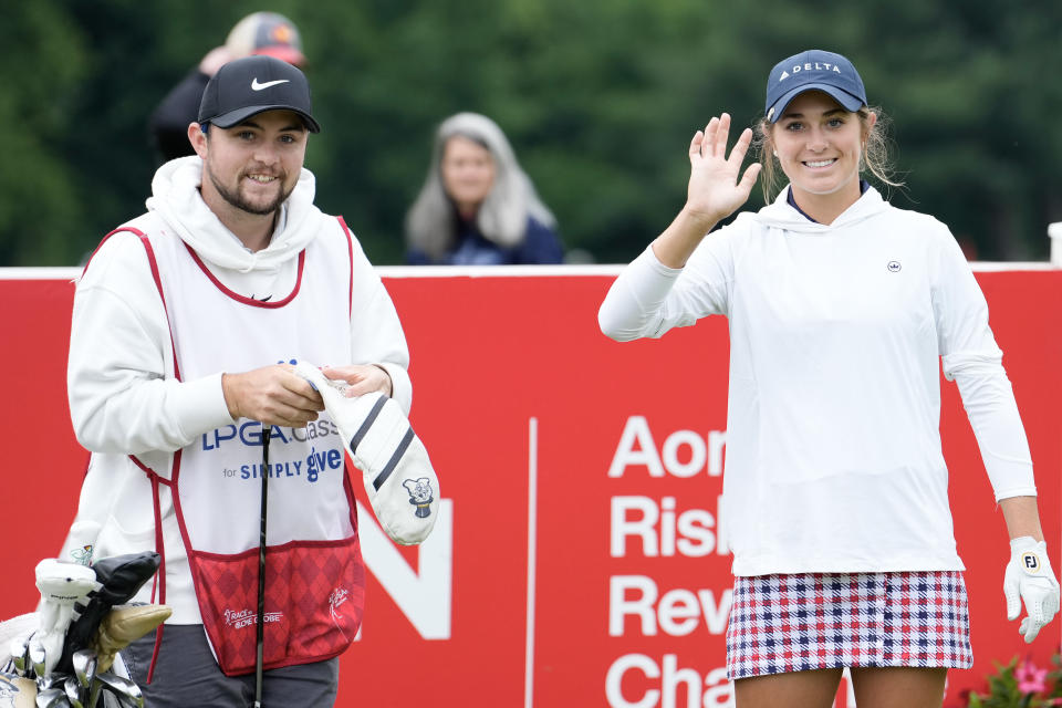 Rachel Kuehn and caddie Alex Fitzpatrick react on the 14th tee during the second round of the Meijer LPGA Classic for Simply Give at Blythefield Country Club on June 16, 2023 in Grand Rapids, Michigan. (Photo by Raj Mehta/Getty Images)