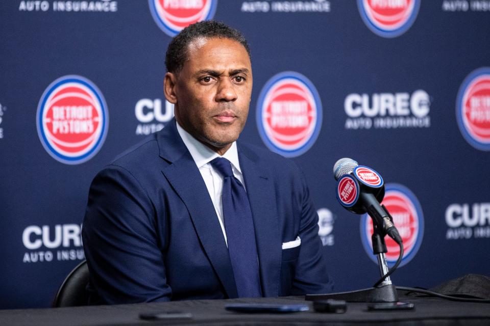 Detroit Pistons general manager Troy Weaver speaks during media day at Little Caesars Arena in Detroit on Monday, Sept. 27, 2021.