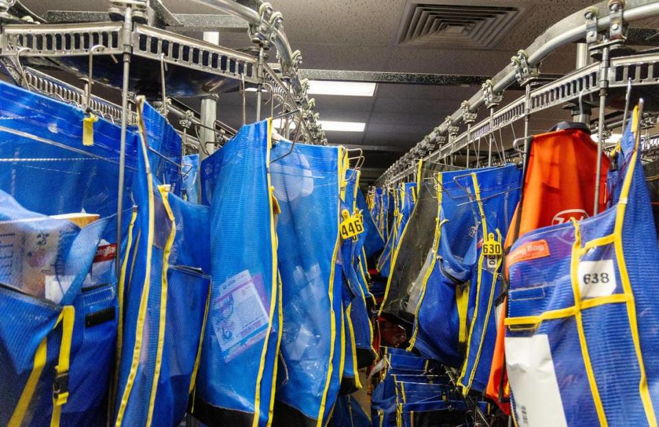 Bags of personal items brought into the jail by incarcerated people at the time they are booked are stored in the property room.