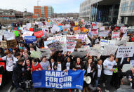 <p>Students marched down Tremont Street past the Boston Police headquarters to Boston Common during the ‘March for Our Lives’ rally in Boston, Massachusetts. (John Tlumacki/Globe Staff via Getty Images) </p>