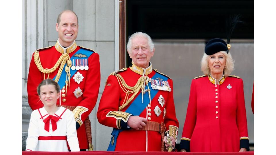 King Charles stood next to Prince William and Queen Camilla at Trooping the Colour in 2023 