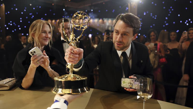 Kieran Culkin holds his trophy as winner for outstanding lead actor in a drama series for “Succession” at the 75th Emmy Awards Governors Gala Winners Circle on Monday, Jan. 15, 2024 at the LA Convention Center in Los Angeles.