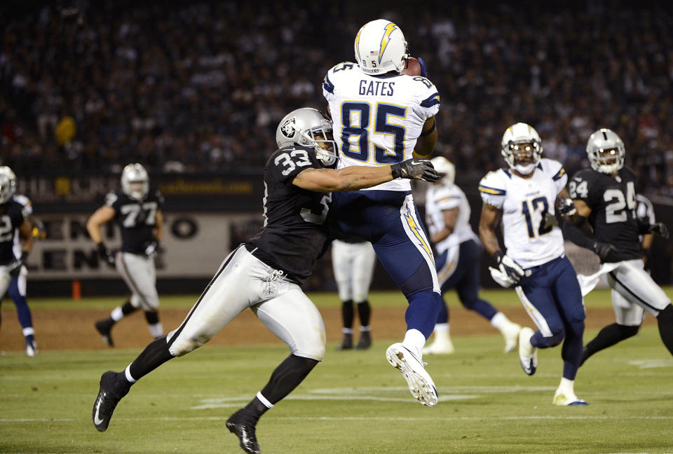 Antonio Gates #85 of the San Diego Chargers catches a seventeen yard pass over Tyvon Branch #33 of the Oakland Raiders in the second quarter of the season opener at Oakland-Alameda County Coliseum on September 10, 2012 in Oakland, California. (Photo by Thearon W. Henderson/Getty Images)