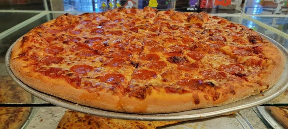 A large pepperoni pizza on display at Big Jay's Pizzeria, which has locations in Marcy and in Rome.