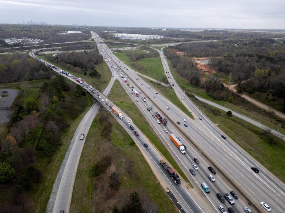 An aerial view of Interstate 85 and Interstate 485 during rush hour near Charlotte Douglas International Airport in Charlotte in March.