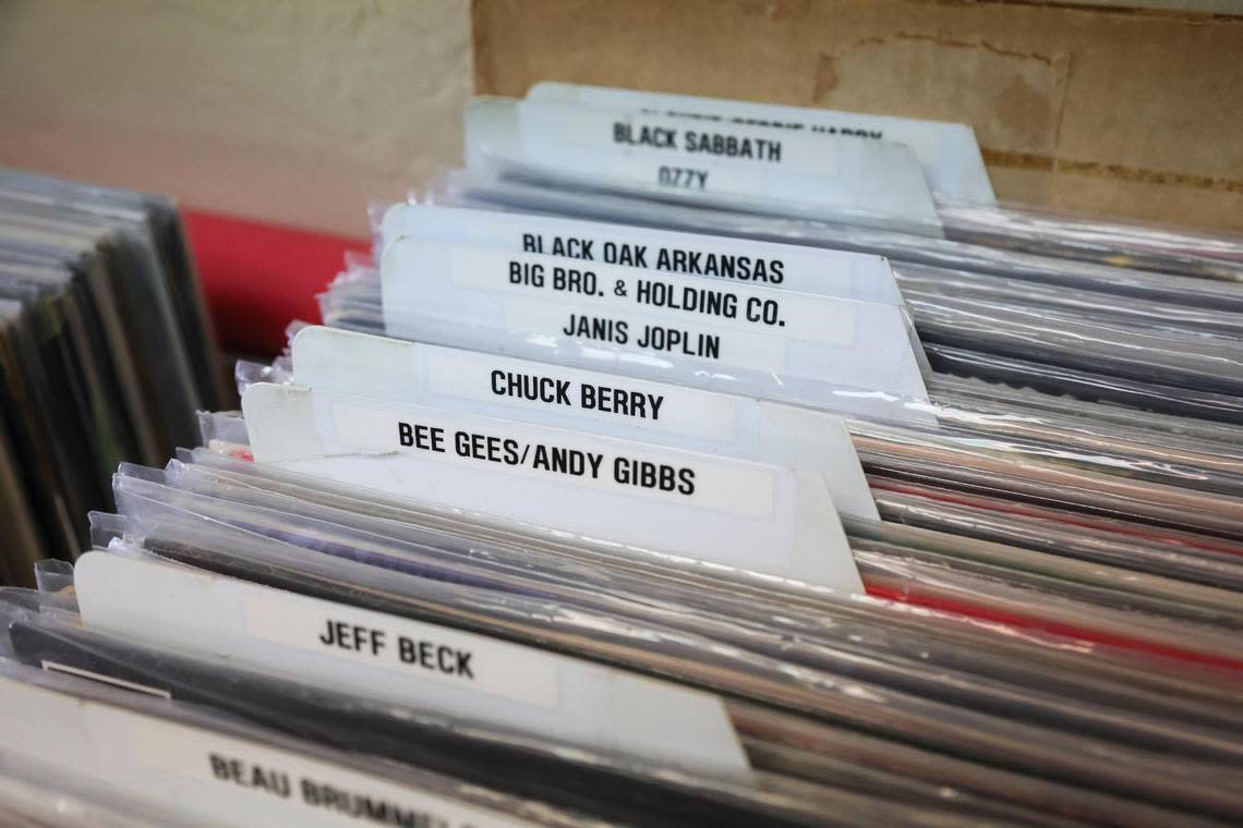 Vinyl albums are sorted alphabetically at Yesterday and Today Records records store on west Bird Road at 9274 SW 40th St. in Miami. Here, on Feb. 2, 2024, we see some of the Bs, including the Bee Gees and late brother Andy Gibb. The Gibb brothers, Barry, Robin, Maurice and Andy, all had made their homes in Miami since the mid-1970s. Only Barry survives.