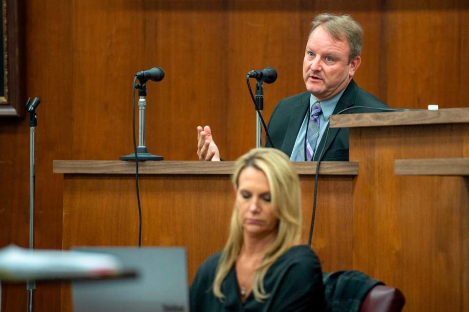 A photo of the Blue House, Cliff Kirkland’s residence, is shown on the screen as Biloxi Police Investigator Steven Kelly testifies in the trial of Cliff Kirkland in Harrison County Circuit Court in Biloxi on Monday, May 16, 2022.