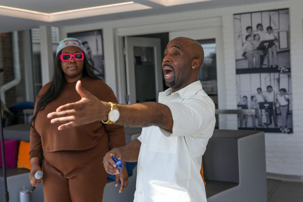 Artistic director Tristan Fisher of Detroit gives direction to De’Mi Alyse Jones, 28, of Detroit, as she rehearses Motown artist Teena Marie’s “Out on a Limb” at Hitsville Next for the Motown Museum's 2024 "Amplify: The Sound of Detroit" singing contest on Wednesday, March 13, 2024.