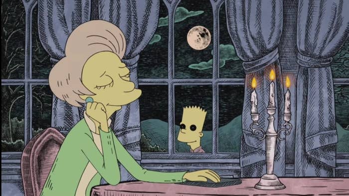 An exaggerated Bart Simpson terrorizes Miss Krabappel in "Treehouse of Horror XXXII"