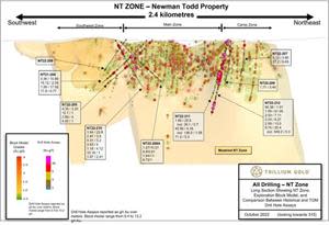 Long Section view (looking northwest) showing NT Zone model, exploration block model, historical results and significant intersections from NT21-204 to NT22-212. Note: NT22-206 and NT22-207 are located in the hanging wall of the NT Zone.