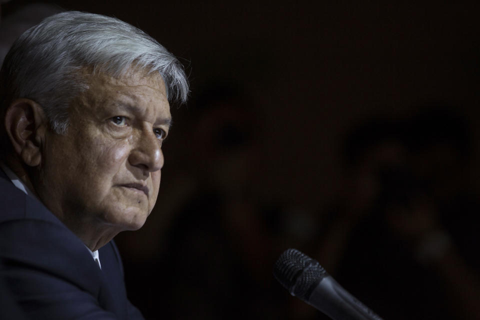 Mexico's President-elect Andres Manuel Lopez Obrador gives a press conference in Mexico City, Thursday, July 5, 2018. Lopez Obrador is proposing former Mexico City Mayor Marcelo Ebrard be the country's next top diplomat. (AP Photo/Moises Castillo)