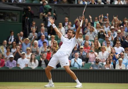 Tennis - Wimbledon - London, Britain - July 14, 2017 Croatia’s Marin Cilic celebrates winning the semi final match against Sam Querrey of the U.S. REUTERS/Toby Melville