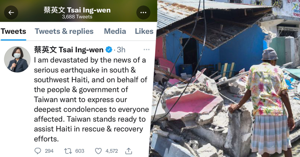 <p>A tweet from President Tsai Ing-wen is seen alongside a picture taken after the powerful magnitude 7.2 earthquake struck southwestern Haiti on Saturday. (AP, Courtesy of President Tsai Ing-wen/Twitter)</p>
