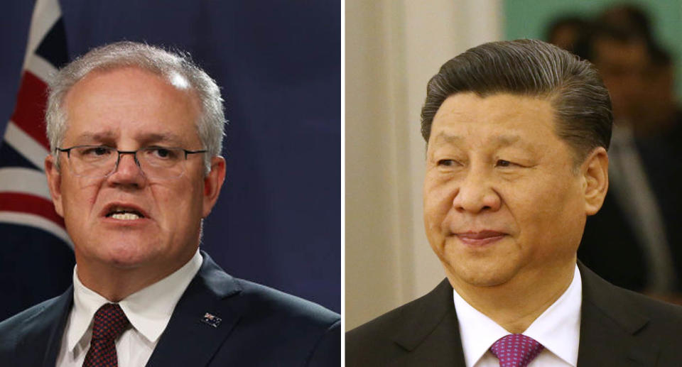 Scott Morrison pictured in a suit in front of an Australian flag and to the right, Xi Jinping in a maroon tie.