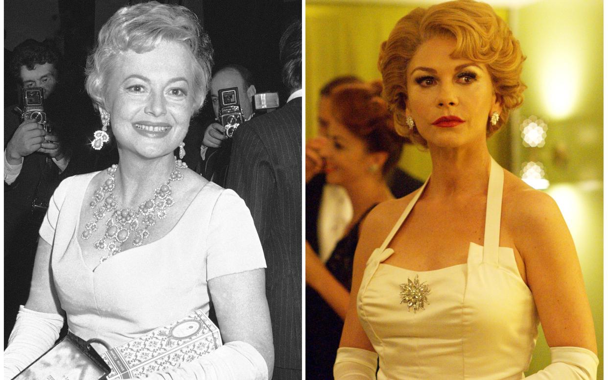 Olivia de Havilland in 1963, left, and Catherine Zeta Jones playing her in Feud: Bette and Joan - AP Photo,