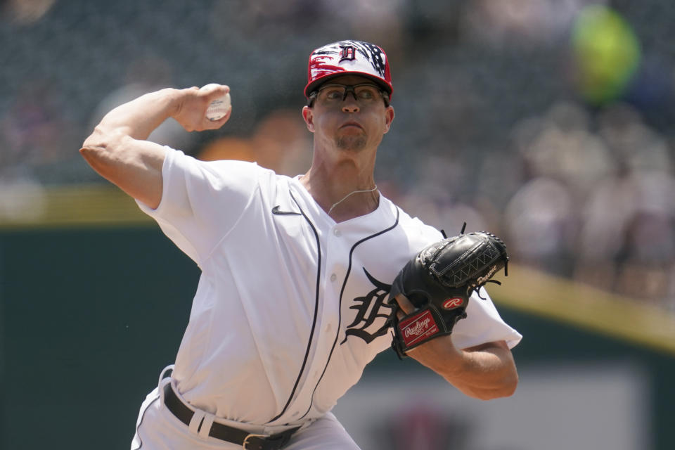 Detroit Tigers pitcher Garrett Hill throws against the Cleveland Guardians in the first inning of a baseball game in Detroit, Monday, July 4, 2022. (AP Photo/Paul Sancya)