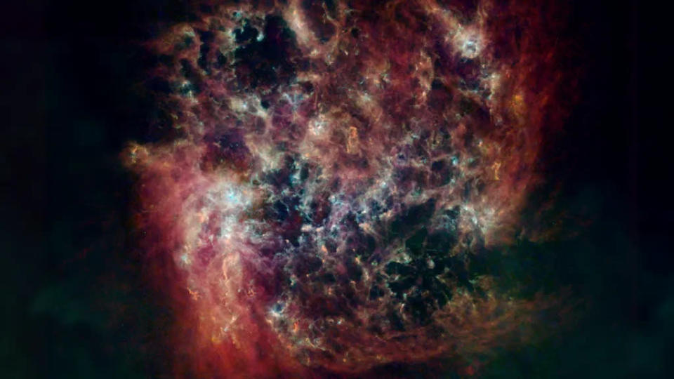Grande Nuvem de Magalhães na luz infravermelha distante e em ondas de rádio (Imagem: Reprodução/ESA, NASA, NASA-JPL, Caltech, Christopher Clark (STScI), S. Kim (Sejong University), T. Wong (UIUC)