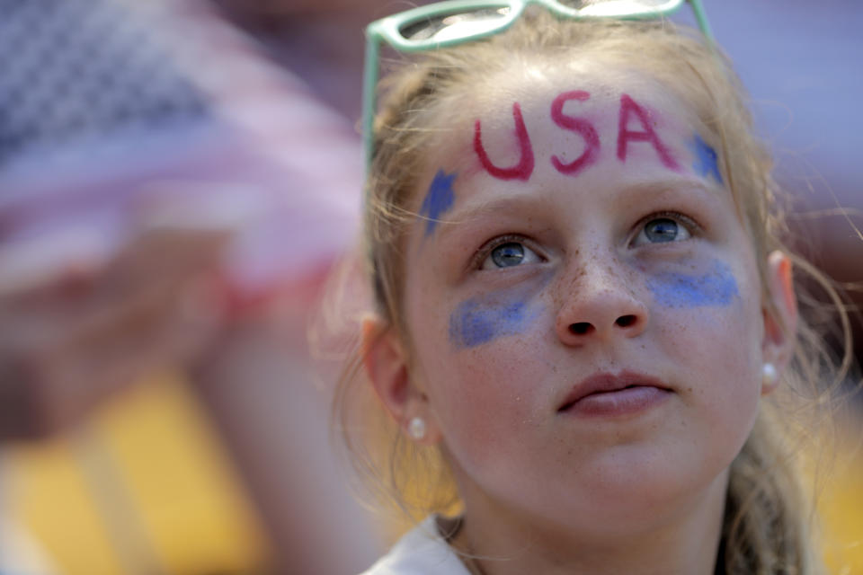 A spectator looks on prior to an international friendly soccer match between the Unites States and Mexico, Sunday, May 26, 2019, in Harrison, N.J. (AP Photo/Julio Cortez)