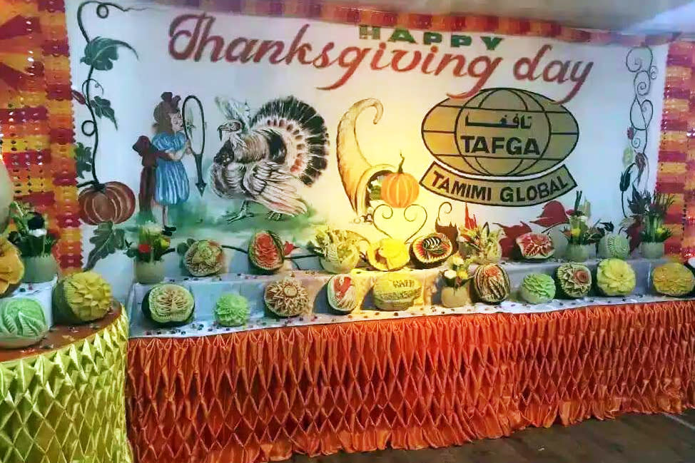 A Thanksgiving display at Camp Buehring in Kuwait made by Tamimi dining workers. (Obtained by NBC News)