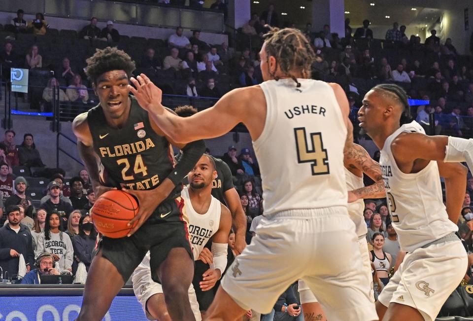 FSU center Naheem McLeod prepares to put up a shot during the Seminoles' 75-61 loss at Georgia Tech on Wednesday, Jan. 26, 2022.