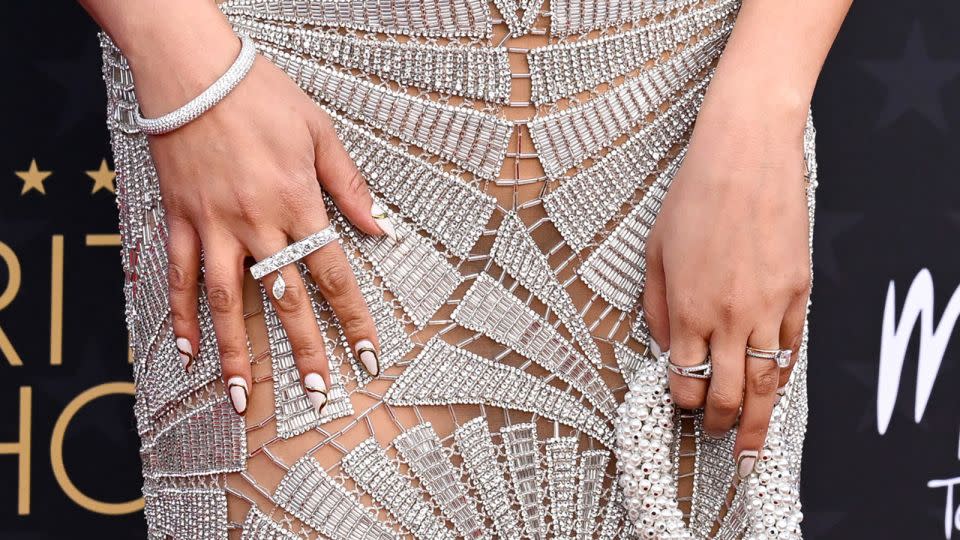 Richa Moorjani accessorized her look with diamond jewelry from Mindi Mond & Dena Kemp and a pearl-encrusted bag. - Gilbert Flores/Variety/Getty Images