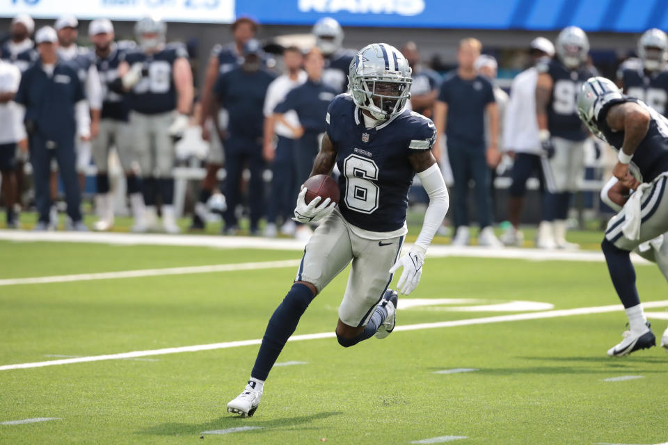 INGLEWOOD, CA - AUGUST 11:Dallas Cowboys wide receiver Deontay Burnett (6) runs after a catch during the Dallas Cowboys vs Los Angeles Rams preseason game on August 11, 2024, at SoFi Stadium in Inglewood, CA. (Photo by Jevone Moore/Icon Sportswire via Getty Images)