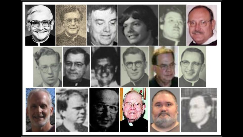 Pictured are 18 of 21 clergy in the Catholic Diocese of Belleville whose names are on a list of priests and deacons “credibly accused” of sexual abuse or misconduct or who died before they were publicly identified.