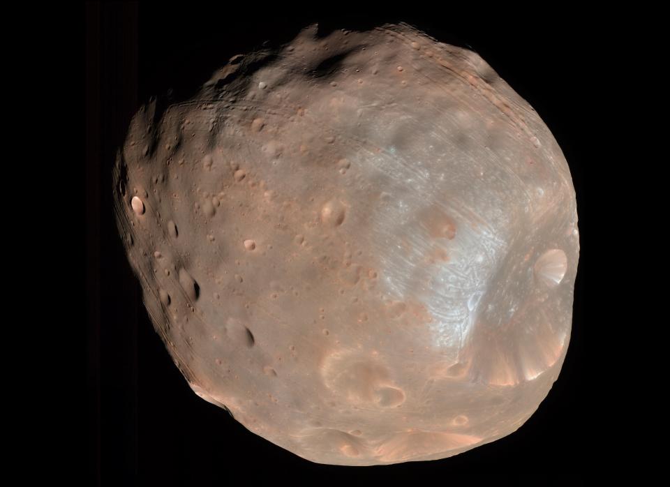 One of only two Martian moons, <a href="http://www.planetary.org/explore/topics/mars/" target="_hplink">Phobos</a> has been described as no more than a tiny rock. NASA also notes that Phobos is on a collision course with <a href="http://www.mnn.com/eco-glossary/mars" target="_hplink">Mars</a>. <a href="http://solarsystem.nasa.gov/planets/profile.cfm?Object=Mar_Phobos" target="_hplink">As NASA writes</a>, "Phobos is nearing Mars at a rate of 1.8 [meters] every hundred years; at that rate, it will either crash into Mars in 50 million years or break up into a ring." It has a six-mile gouge in it called the Stickney crater, which experts believe was caused by a meteorite impact. Phobos is named for one of the mythical sons of the Greek god Ares, who is the Greek equivalent of the Roman god Mars.