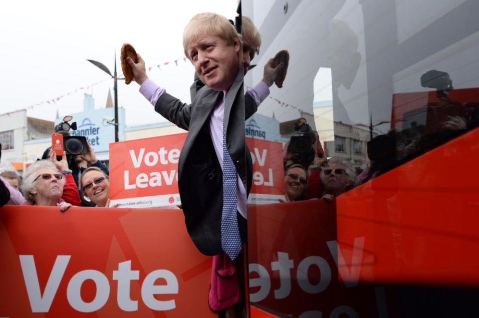 Boris Johnson boards the Vote Leave campaign bus in Truro, Cornwall, in May 2016, a month before the Brexit vote