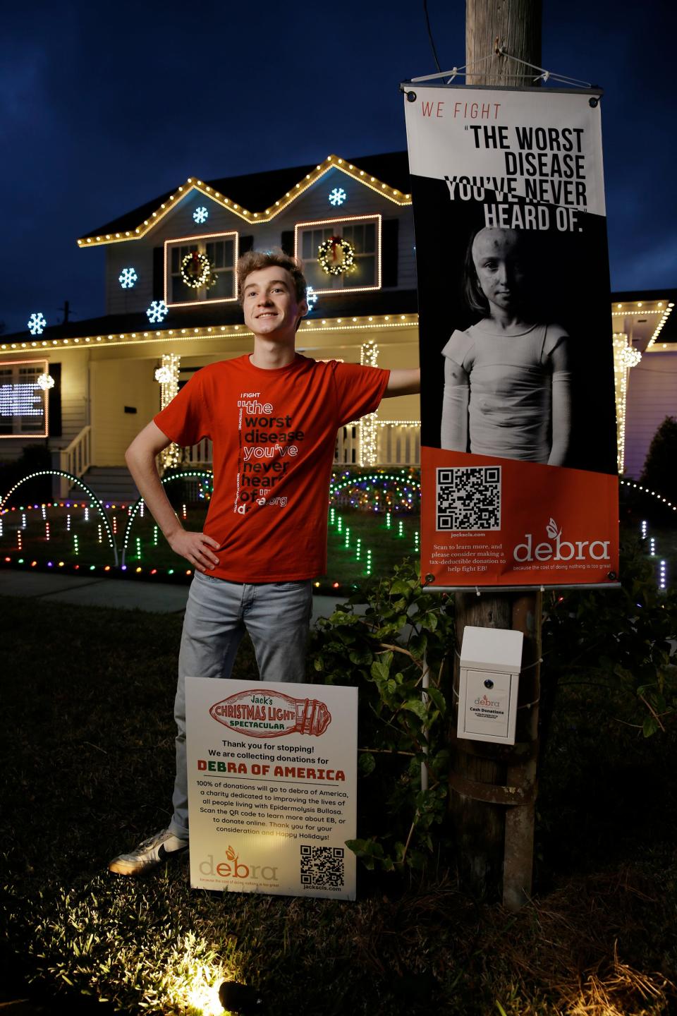 Jack Wheeler, a junior at Jacksonville's Stanton College Preparatory School, uses his Christmas lights display to help bring attention to epidermolysis bullosa, a rare skin disorder that affects his cousin, Jonah Williams. To date, he has raised more than $35,000 from his display on Garibaldi Avenue.