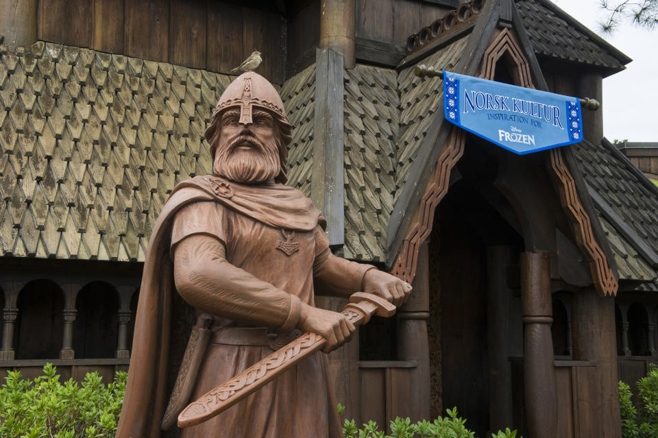 This Nov. 25, 2013 photo shows the exterior of a new gallery, Norsk Kultur in the Norway pavilion at Epcot at Walt Disney World Resort in Lake Buena Vista, Fla. The new exhibit explores how the culture and beauty of Norway inspired the filmmakers during the creation of Disney's "Frozen." Norsk Kultur, meaning “Norweigan Culture,” features items such as an authentic hand-made bunad, the traditional costume of Norway; a hardanger fiddle and other handmade instruments; hand-carved artisan furniture; examples of rosemaling (traditional Norse decorative painting). (AP Photo/Disney, Gene Duncan)