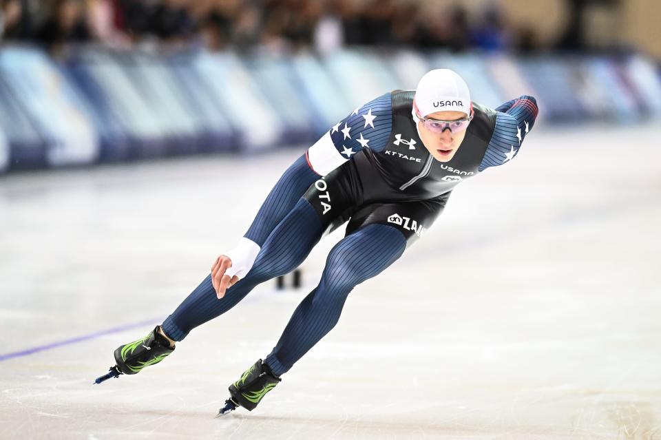 Jordan Stolz skates in the 500 meters during the U.S. long-track speed skating championships Oct. 27, 2023, at the Pettit National Ice Center in Milwaukee.