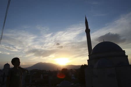 A boy looks at the sky near an orthodox church and a mosque in Prizren, southwest from capital Pristina August 20, 2014. REUTERS/Hazir Reka