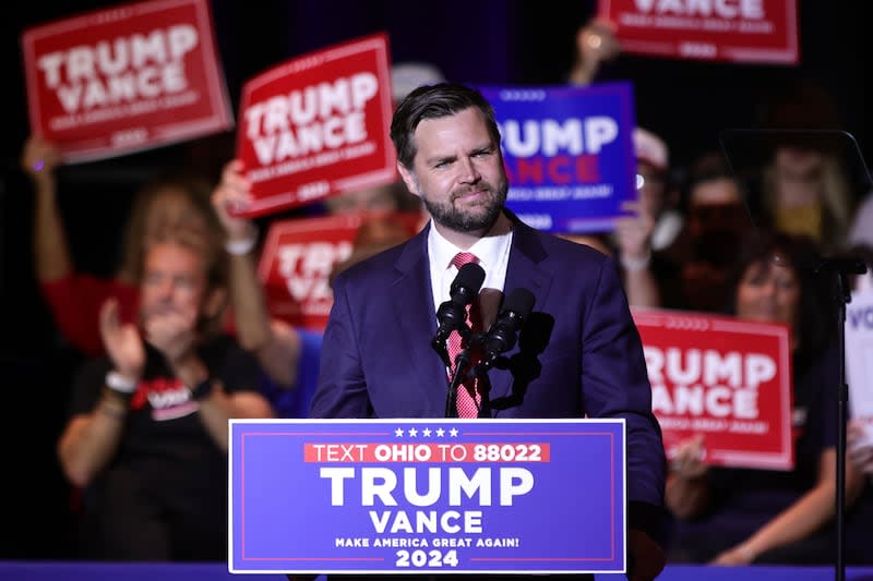 Republican vice presidential candidate Sen. JD Vance, R-Ohio, speaks during a rally in his hometown of Middletown, Ohio, Monday, July 22, 2024. | Paul Vernon