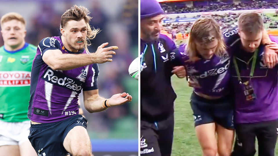 Ryan Papenhuyzen (pictured left) passing the ball and (pictured right) getting carried off the field after a knee injury.