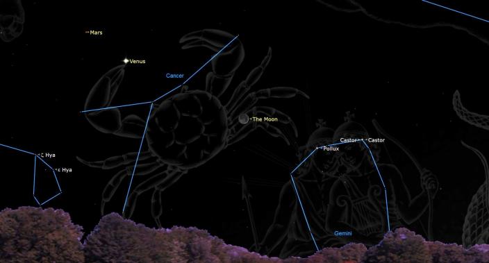 mapa del cielo de la luna creciente cerca de Venus en el cielo nocturno