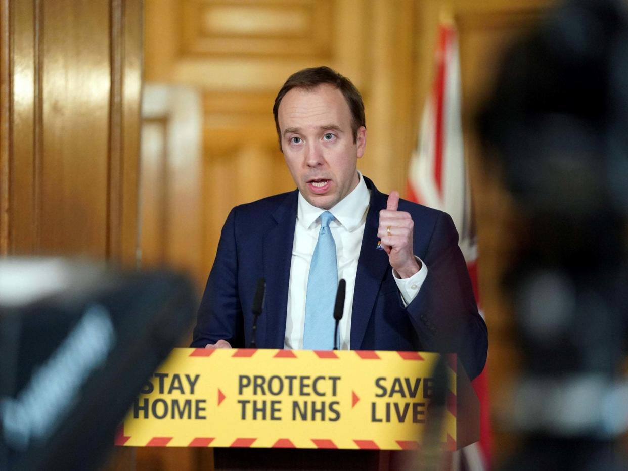 Health Secretary Matt Hancock speaks at a digital COVID-19 news conference at 10 Downing Street in London: via REUTERS