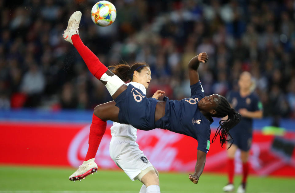 PARIS, FRANCE - JUNE 07: Griedge Mbock Bathy of France shoots towards goal during the 2019 FIFA Women's World Cup France group A match between France and Korea Republic at Parc des Princes on June 07, 2019 in Paris, France. (Photo by Alex Grimm/Bongarts/Getty Images)