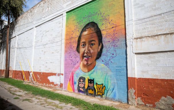 PHOTO: A mural in honor of Alithia Ramirez fills a panel of the wall on a building in downtown Uvalde, Texas, Aug. 21, 2022. (Kat Caulderwood/ABC News)
