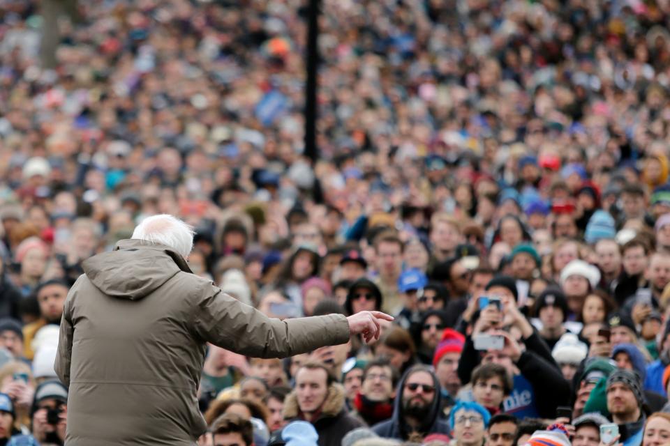 Democratic presidential candidate Sen. Bernie Sanders, I-Vt., campaigns during a rally on Boston Common, Saturday, Feb. 29, 2020, in Boston. (AP Photo/Mary Schwalm) ORG XMIT: MAMS121