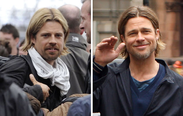 <b>Movie star stunt doubles</b><br><br> <b>Copycat…</b> <b>Brad Pitt’s</b> stunt double Phil Ball on the set of ‘World War Z’. On Twitter he admitted he found the gig weird and boring, adding: “Just when I thought my day job couldn’t get any more bizarre, I’m made to shave my hands.” (Credit: Rex) <br><br><b>[Related gallery: <a href="http://uk.movies.yahoo.com/photos/best-movie-star-lookalikes-slideshow/" data-ylk="slk:Best movie star lookalikes;elm:context_link;itc:0;sec:content-canvas;outcm:mb_qualified_link;_E:mb_qualified_link;ct:story;" class="link  yahoo-link">Best movie star lookalikes</a>]</b>