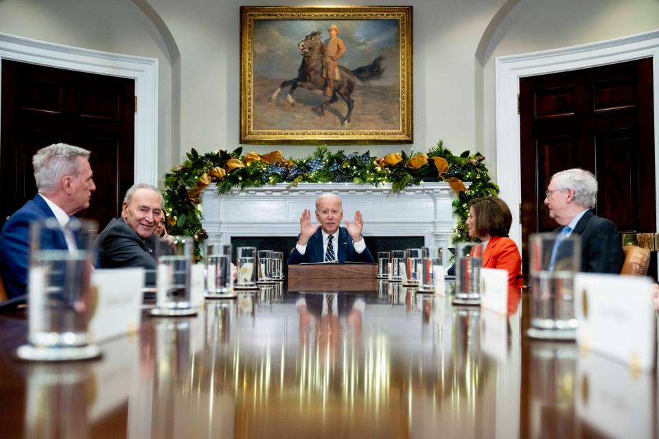 President Joe Biden, center, at the top of a meeting with congressional leaders to discuss legislative priorities for the rest of the year, Tuesday, Nov. 29, 2022, in the Roosevelt Room of the White House in Washington. From left are House Minority Leader Kevin McCarthy of Calif., Senate Majority Leader Chuck Schumer, of N.Y.,  Biden, House Speaker Nancy Pelosi of Calif., and Senate Minority Leader Mitch McConnell of Ky.