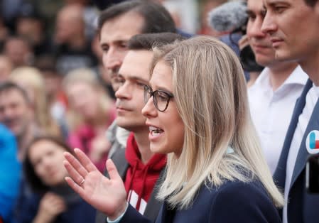 Opposition figure Lyubov Sobol speaks at a rally in Moscow